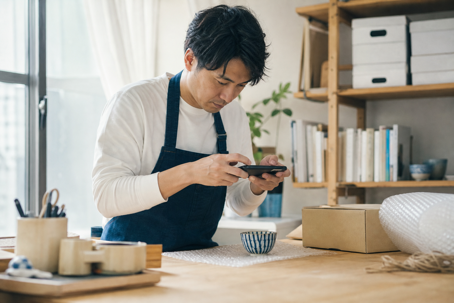 自宅で小さな商品を撮影する日本人男性